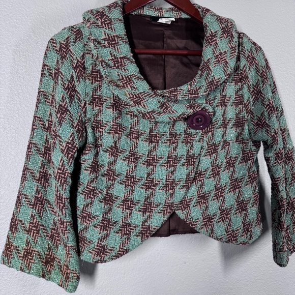 VTG Voxx Bouclé Cropped Blazer | Green Brown Metallic Shimmer Cowl Neck - Size M - Picture 3 of 10
